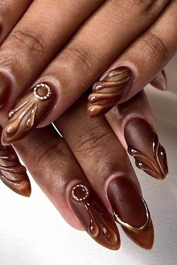 3D Embellished Brown Cat Eye Nails