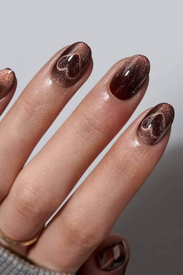 Brown Cat Eye Nails with Heart Design