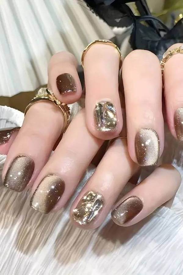 Brown Cat Eye Nails with Gold Foil Accent