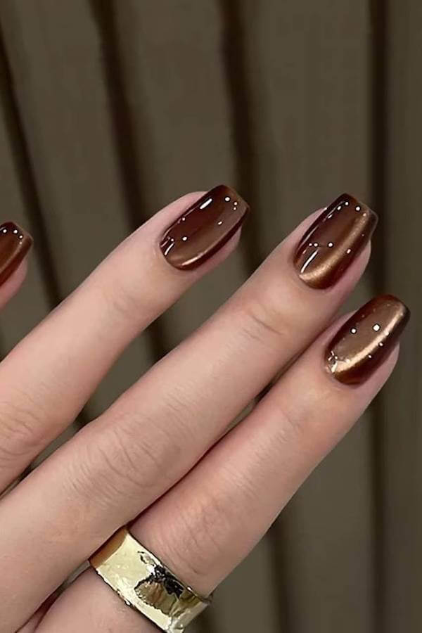 Minimalist Brown Cat Eye Nails with Dots