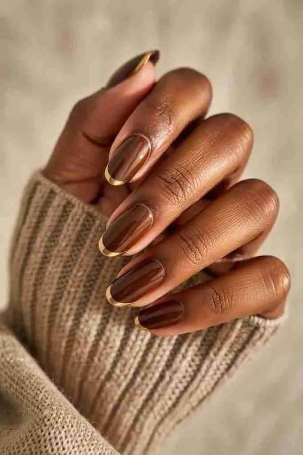 Brown Chrome French Manicure with Gold Accents