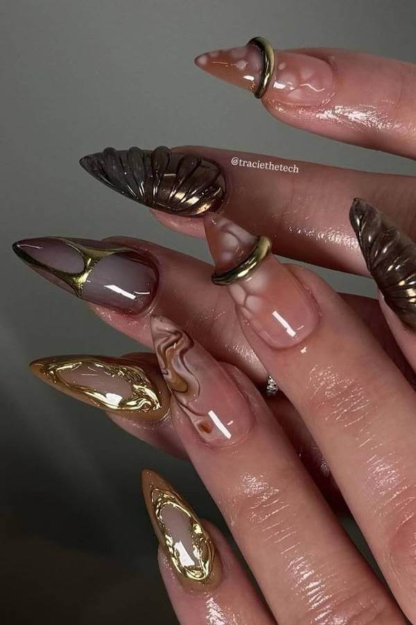 Abstract Metallic Brown Chrome Nails