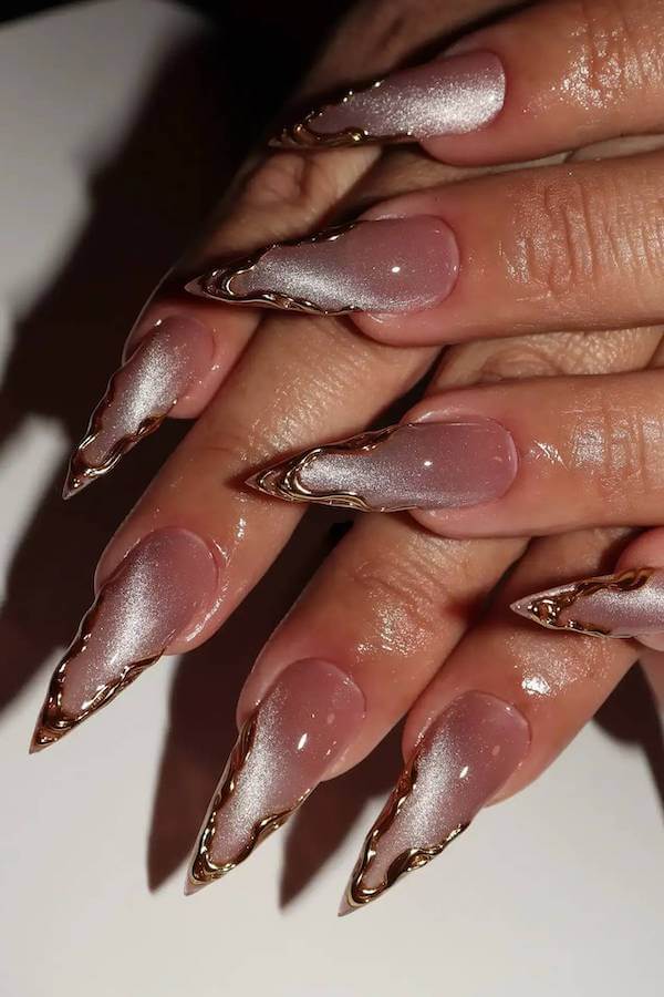 Almond Brown Chrome Nails with Gold Accents