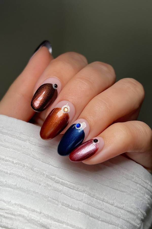 Mixed Chrome Nails with Gems