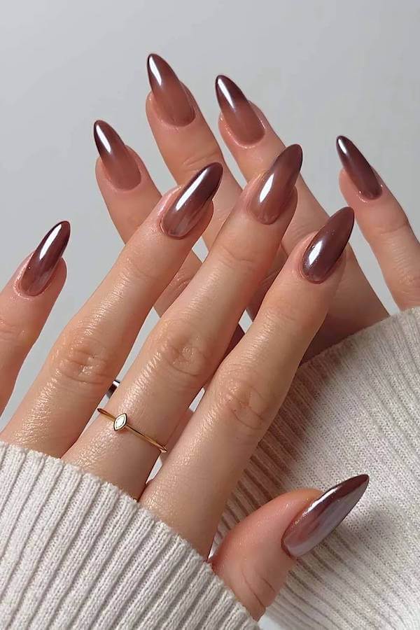 Classic Brown Chrome Almond Nails