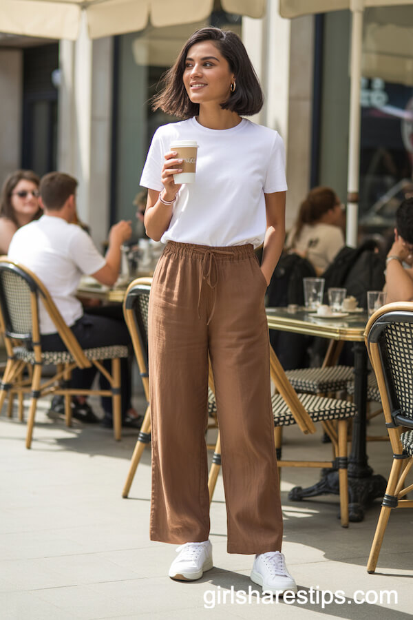 Brown Linen Pants with White T-Shirt and Sneakers for a Casual Café Look