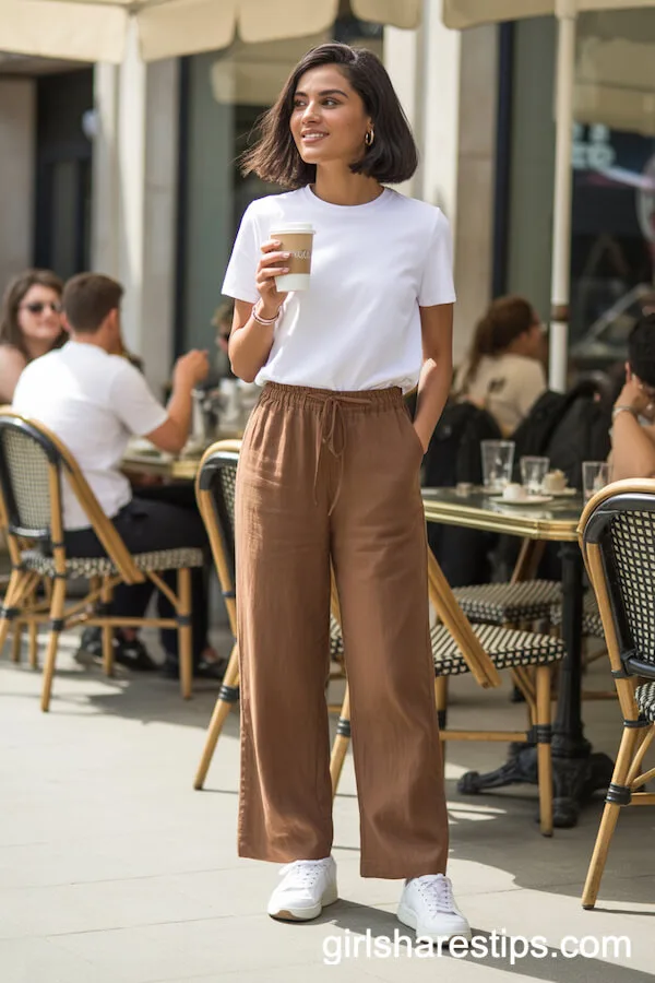 Brown Linen Pants with White T-Shirt and Sneakers for a Casual Caf&eacute; Look