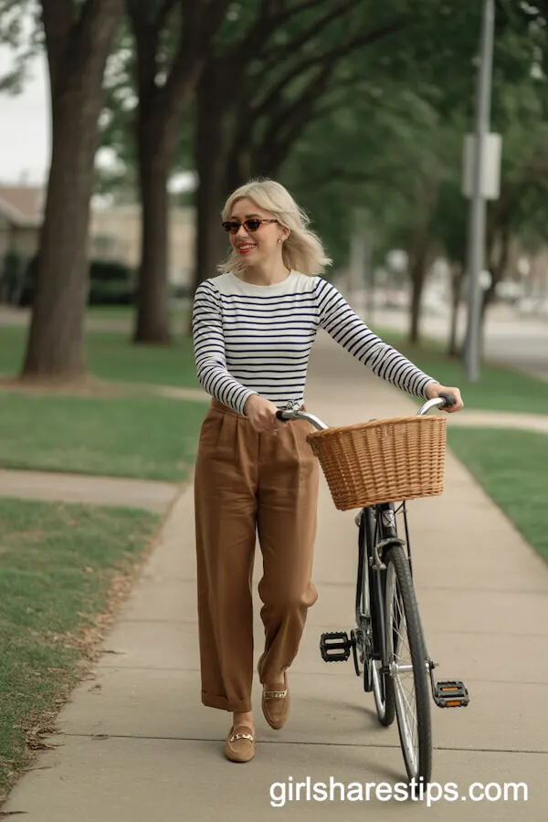 Classic French Twist: Brown Linen Pants with Breton Stripe Shirt and Loafers