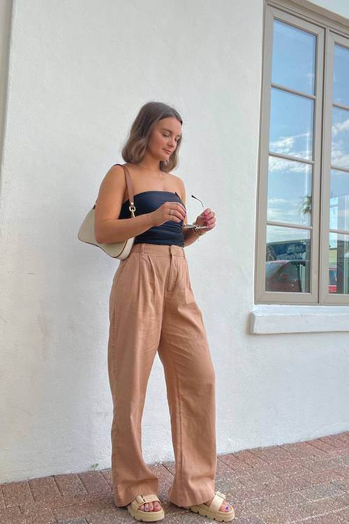 brown linen pants outfit