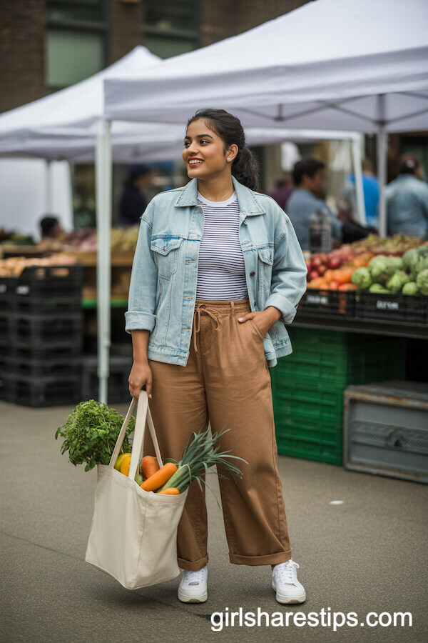 Farmers Market Style: Brown Linen Pants with Striped Tee and Denim Jacket