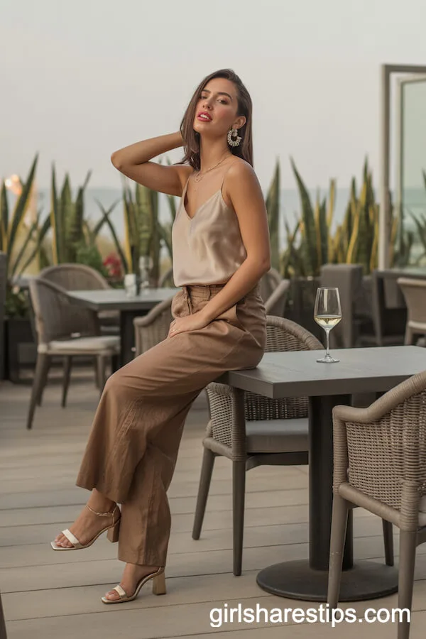 Elegant Dinner Out: Brown Linen Pants with Champagne Silk Camisole