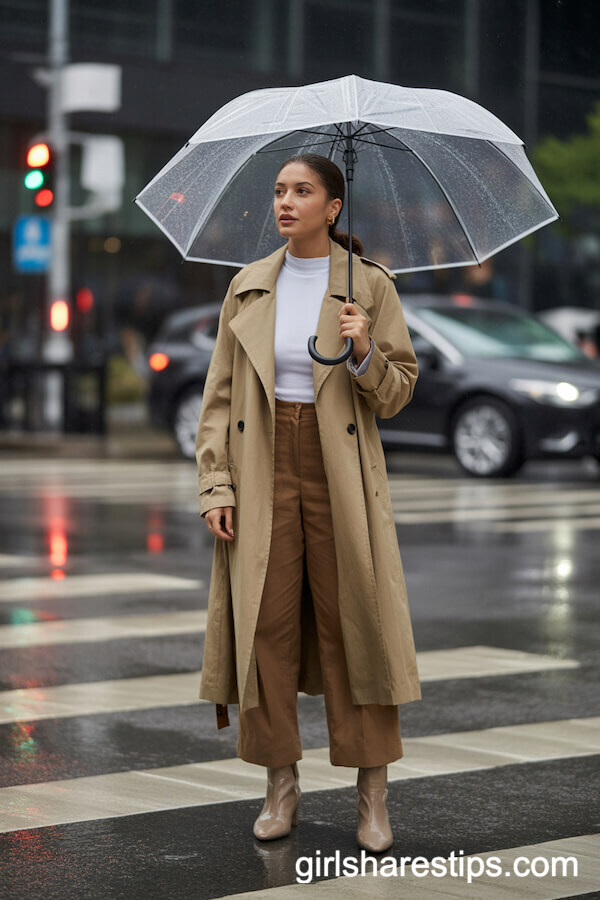 Rainy Day City Outfit: Brown Linen Pants with Trench Coat and Ankle Boots