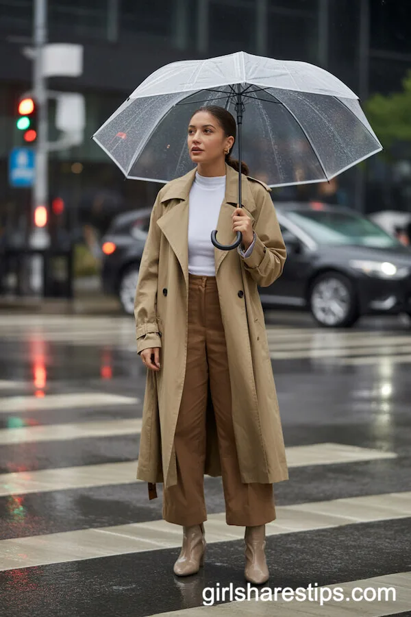 Rainy Day City Outfit: Brown Linen Pants with Trench Coat and Ankle Boots