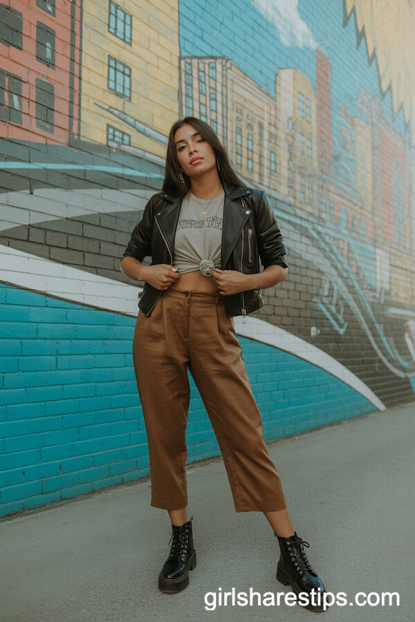 Urban Edge: Cropped Brown Linen Pants with Moto Jacket and Graphic Tee