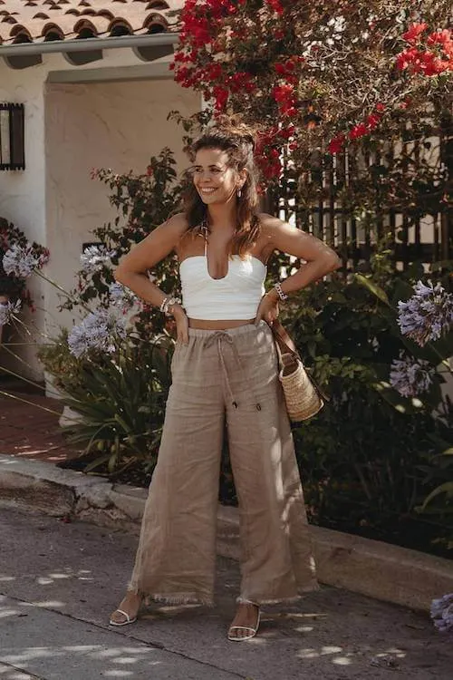 brown linen pants outfit