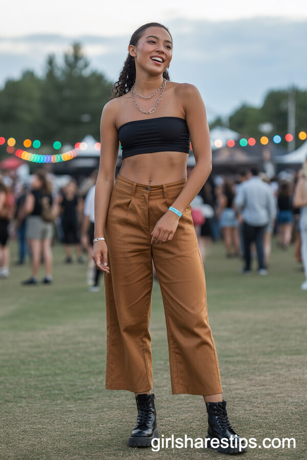 Festival Ready: Cropped Brown Linen Pants with Bandeau Top and Combat Boots