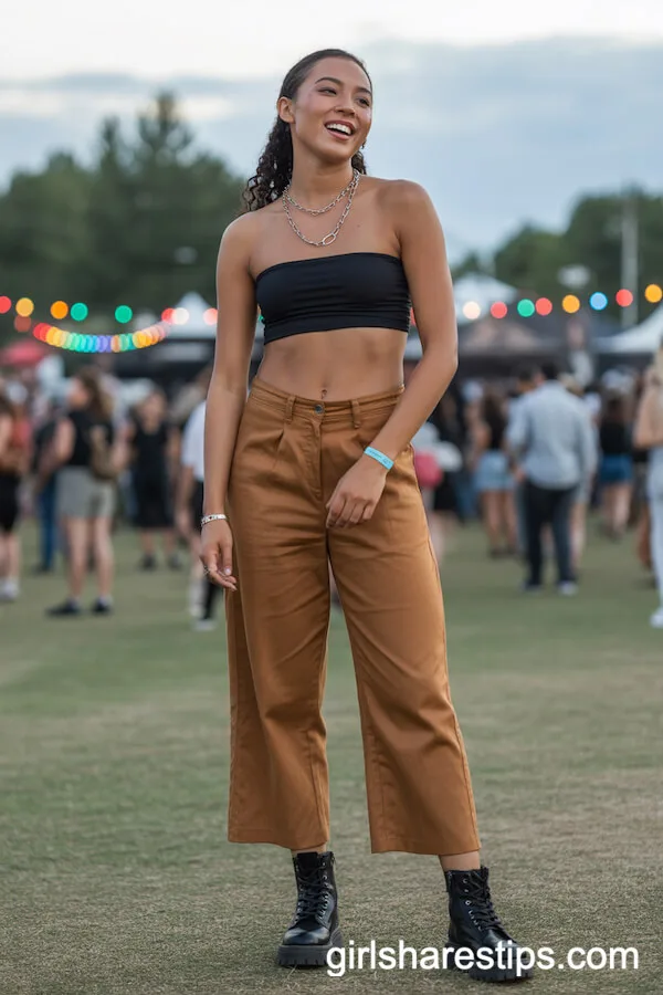 Festival Ready: Cropped Brown Linen Pants with Bandeau Top and Combat Boots