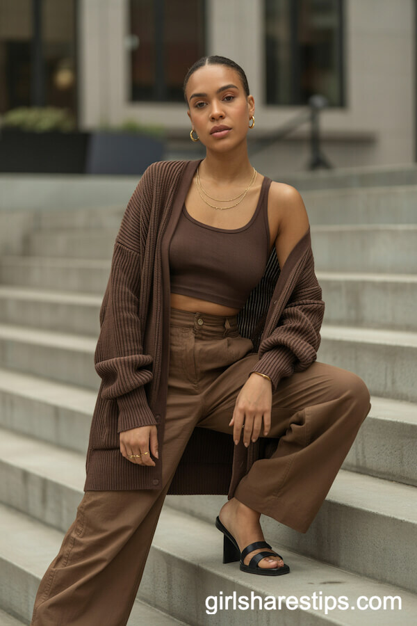 Monochrome Street Style: Brown Linen Pants with Matching Top and Oversized Cardigan