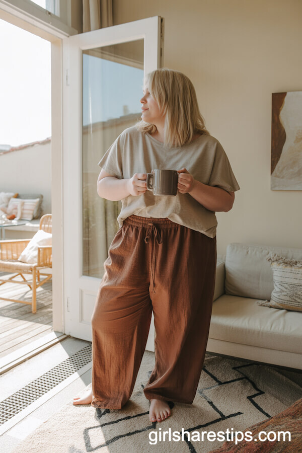 Relaxed Home Look: Brown Linen Drawstring Pants with Loose Beige T-Shirt