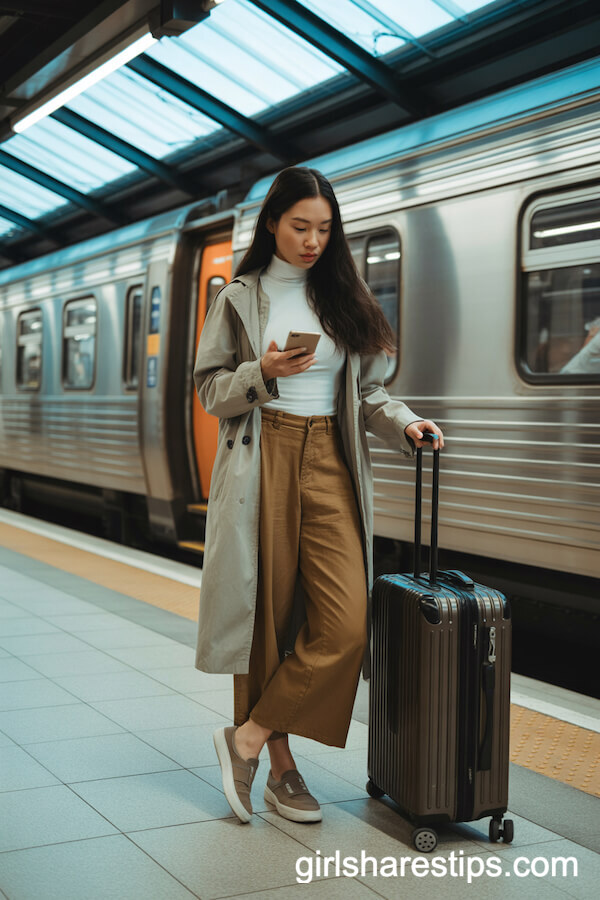 Travel in Style: Brown Linen Pants with White Turtleneck and Trench Coat