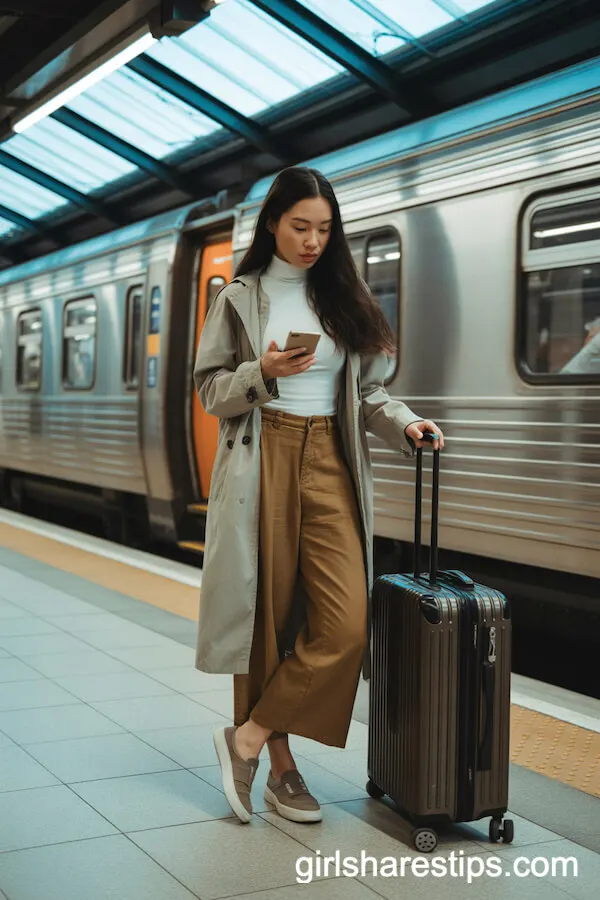 Travel in Style: Brown Linen Pants with White Turtleneck and Trench Coat