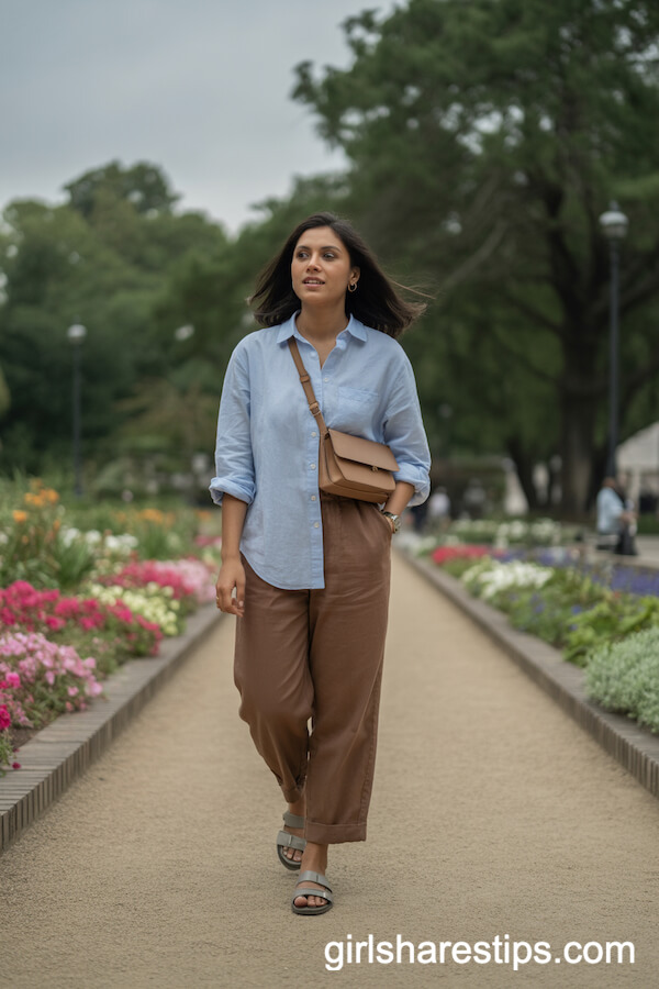 Garden Stroll: Brown Linen Pants with Oversized Button-Down Shirt