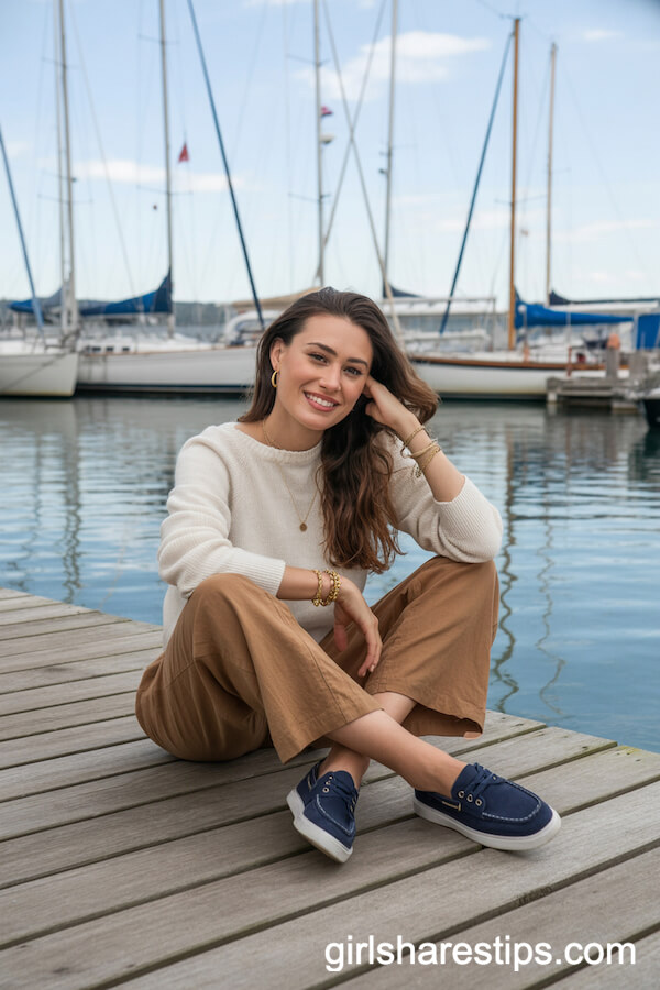 Marina Day: Brown Linen Pants with Soft Sweater and Boat Shoes