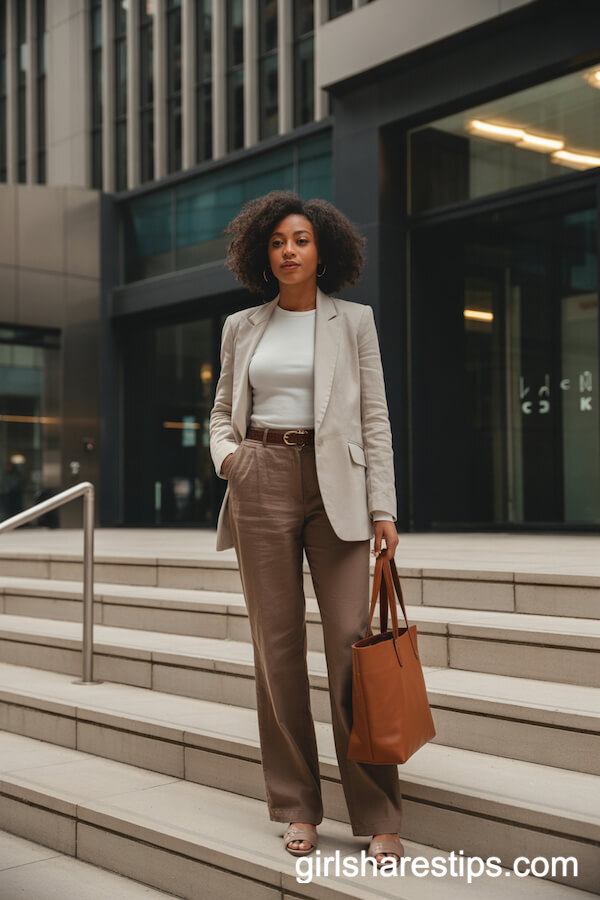 Professional Elegance: Brown Linen Pants with White Blouse and Beige Blazer