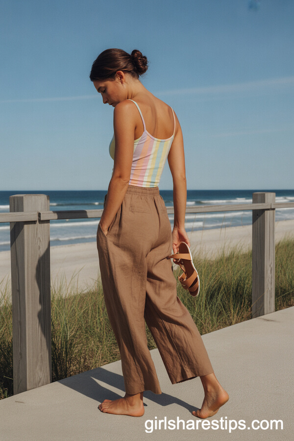 Beachy Vibes: Brown Linen Pants with Pastel Tank Top on the Boardwalk
