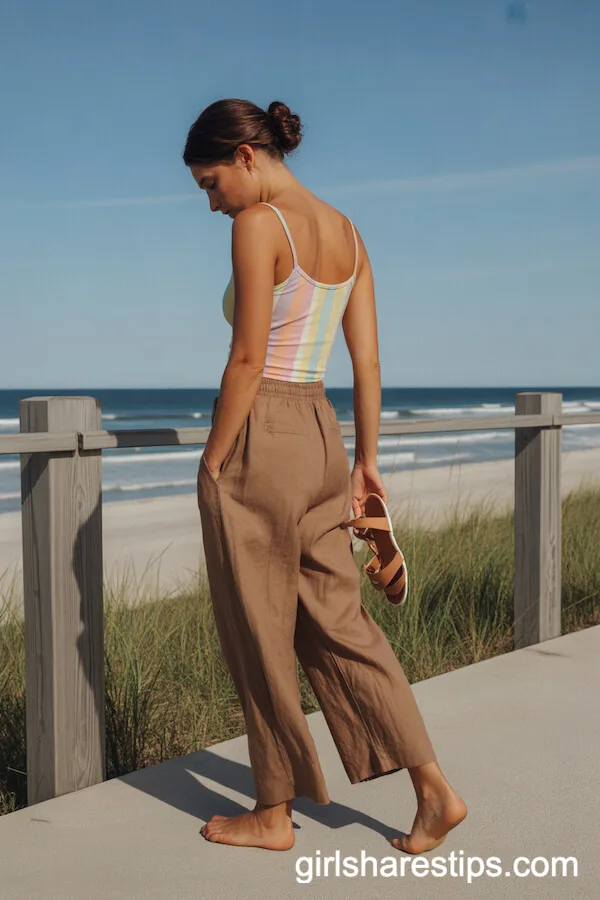 Beachy Vibes: Brown Linen Pants with Pastel Tank Top on the Boardwalk