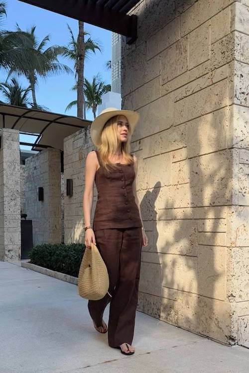 brown linen pants outfit