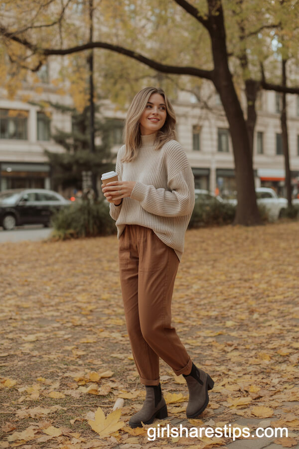 Cozy Autumn Outfit: Brown Linen Pants with Chunky Sweater and Booties