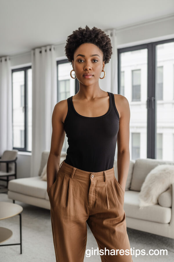Minimalist Apartment Style: Brown Linen Pants with Black Bodysuit