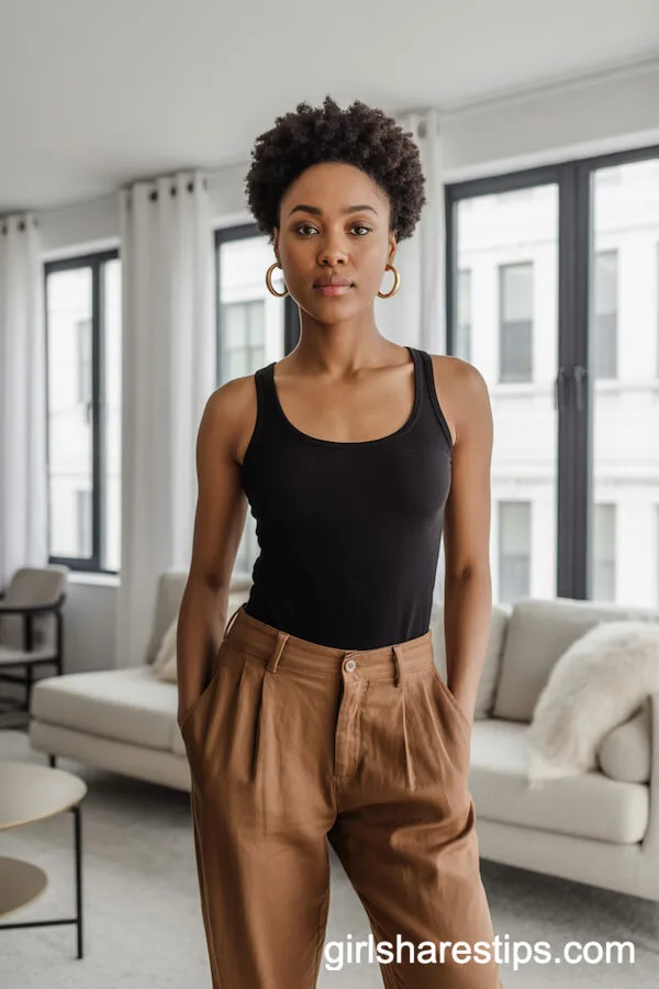 Minimalist Apartment Style: Brown Linen Pants with Black Bodysuit