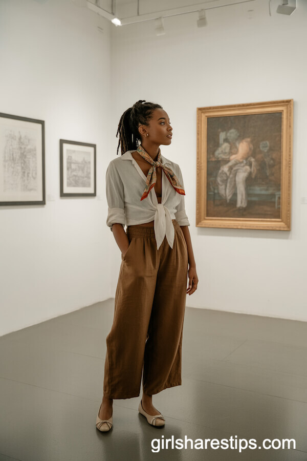 Art Gallery Ready: Brown Linen Pants with White Blouse and Silk Scarf