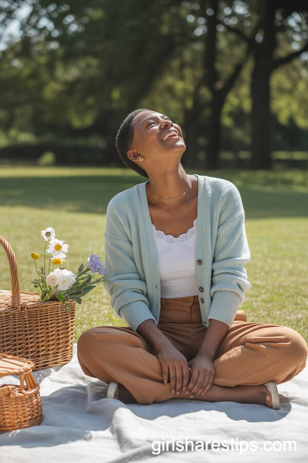 Picnic in the Park: Brown Linen Pants with Cardigan and Camisole