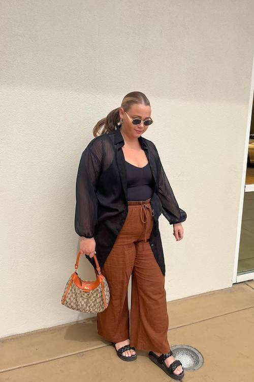brown linen pants outfit