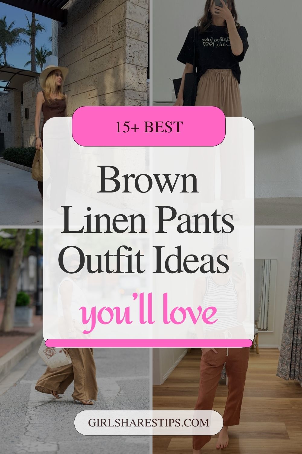 brown linen pants outfit ideas for women collage
