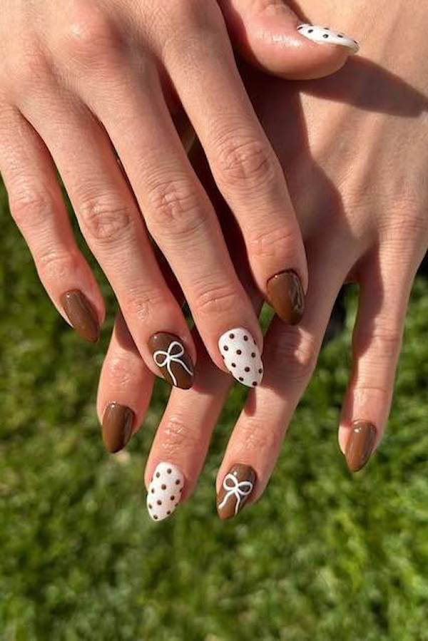 Brown and White Polka Dot Nails with Bow Accents