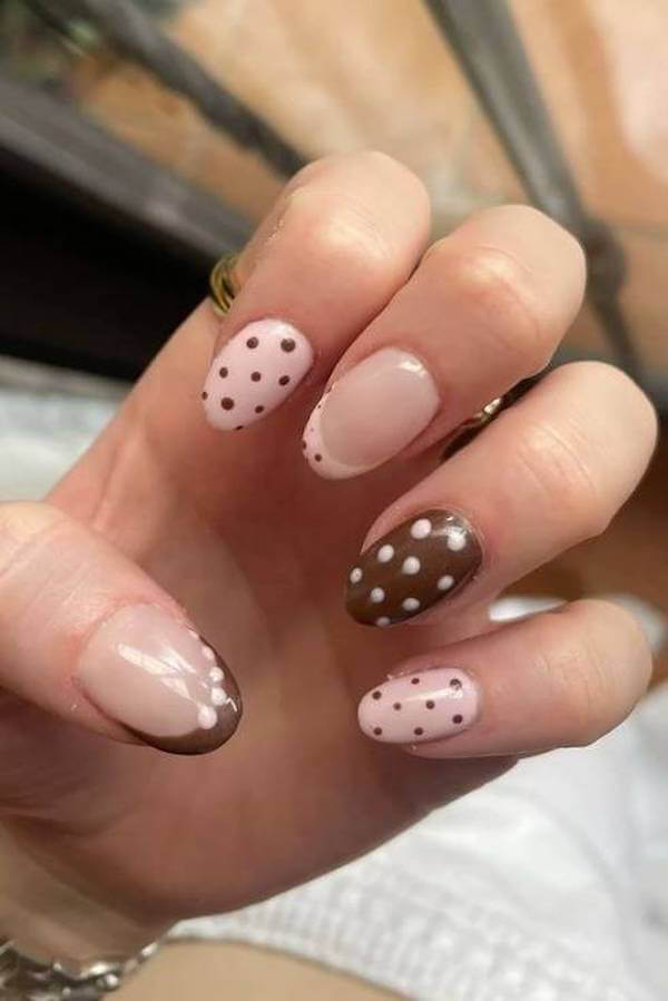 Brown and Pink Polka Dot Nails
