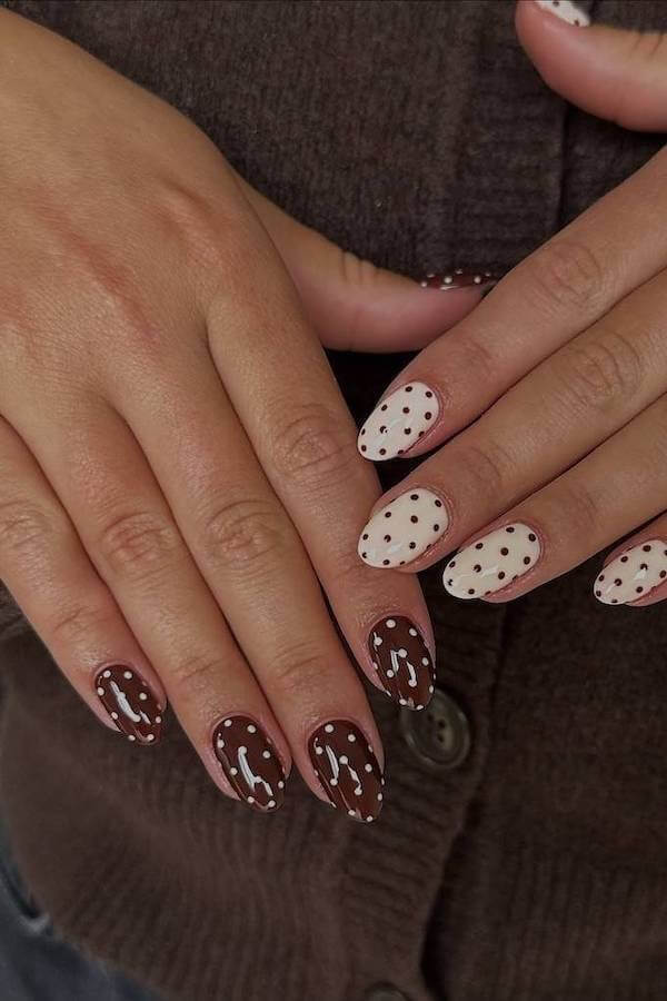 White and Brown Polka Dot Nails with Abstract Lines