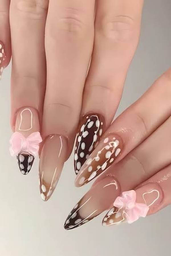 3D Bow and Brown Polka Dot Nails