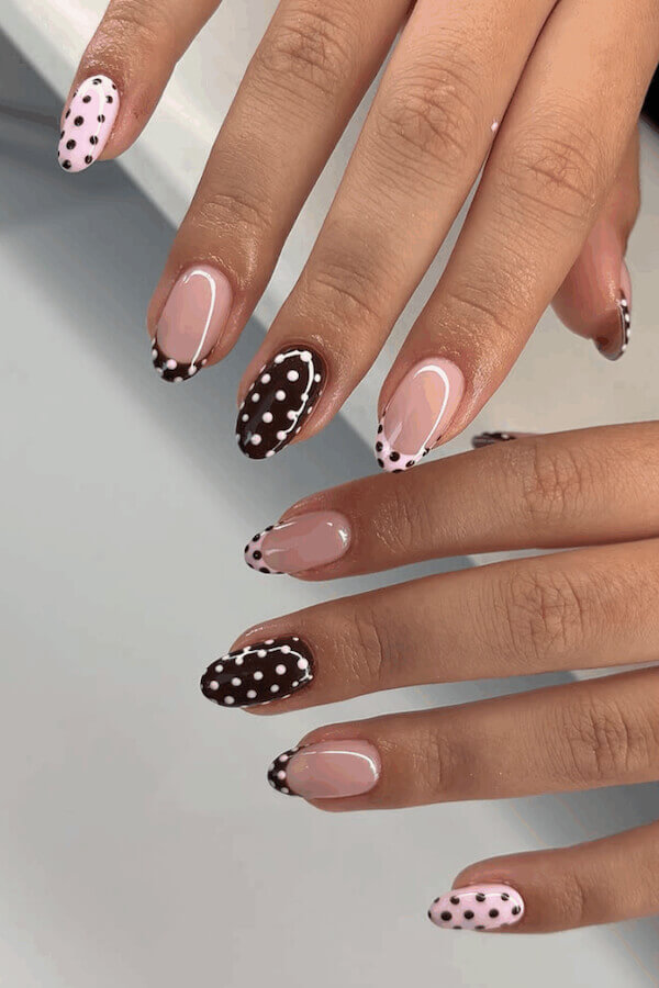 Chocolate and Pink Polka Dot Nail Design