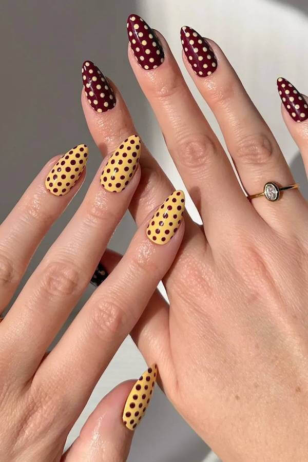 Burgundy and Yellow Polka Dot Nails