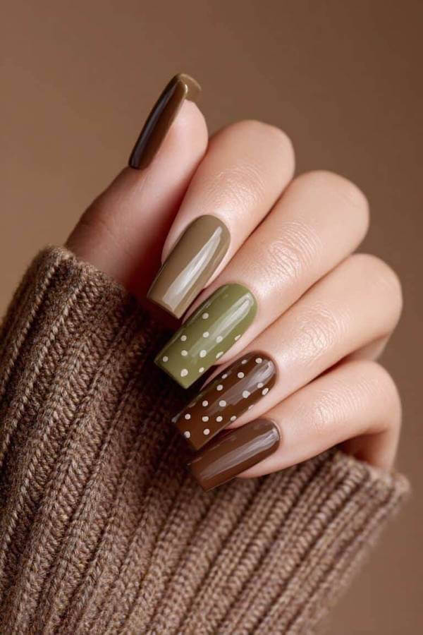 Olive Green and Brown Polka Dot Nails