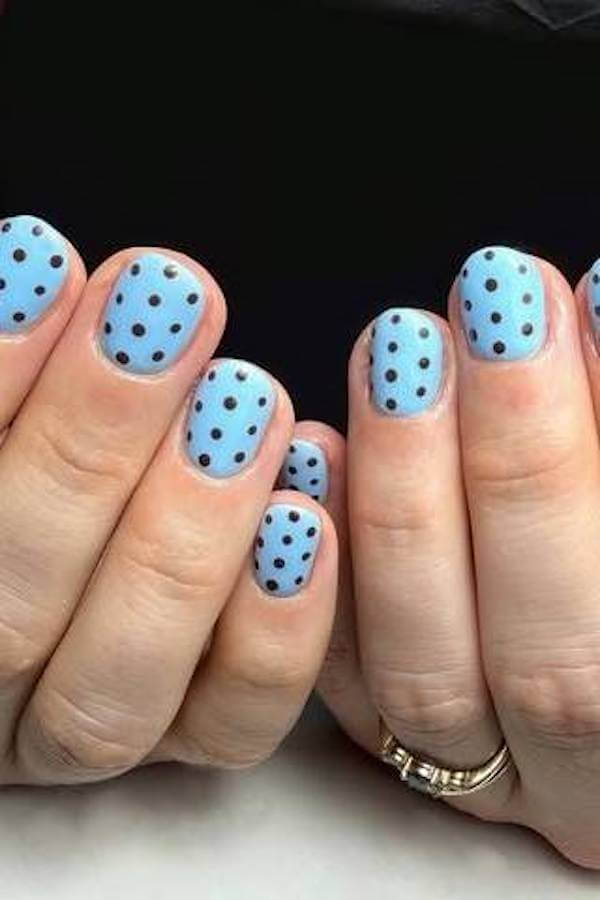 Blue Nails with Black Polka Dots