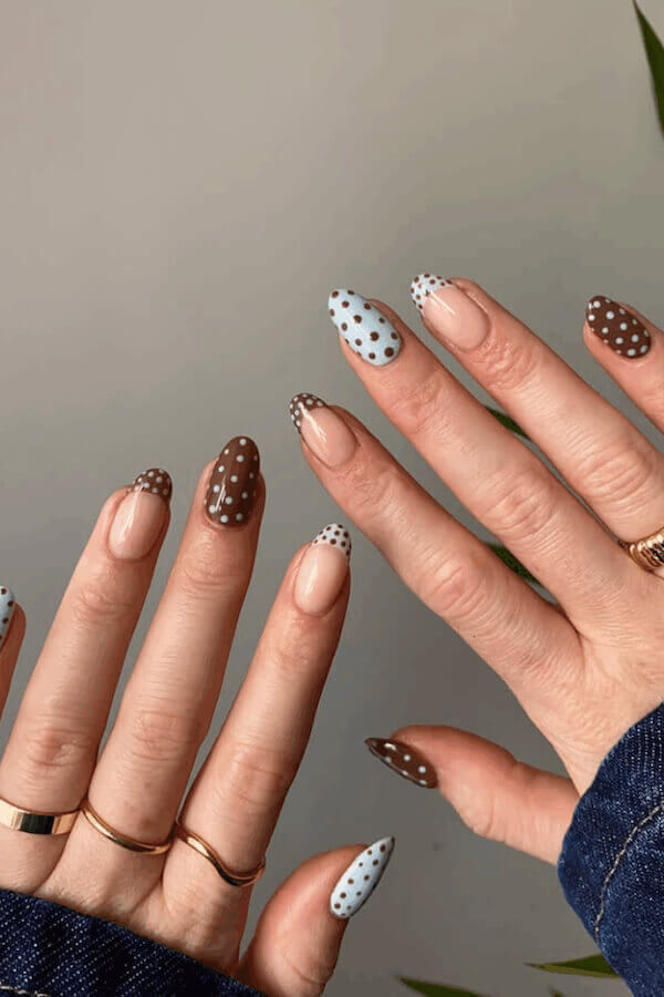 Blue and Brown Polka Dot Pattern Nails