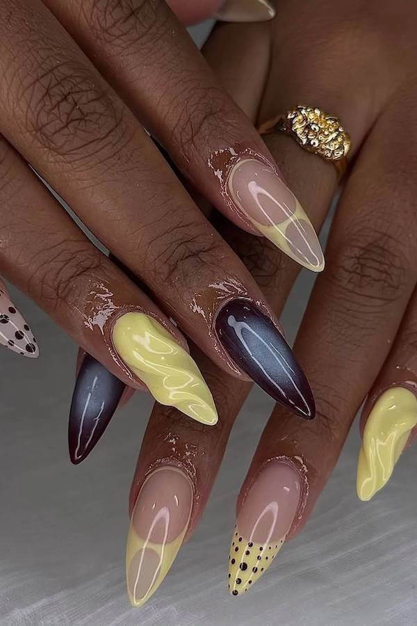 Yellow and Brown Abstract Polka Dot Nails