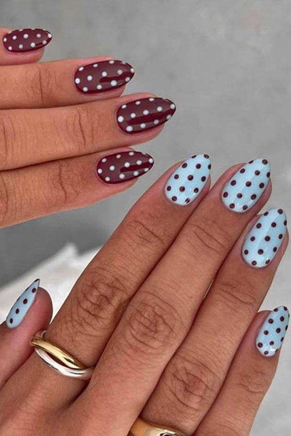 Light Blue and Burgundy Polka Dot Nails