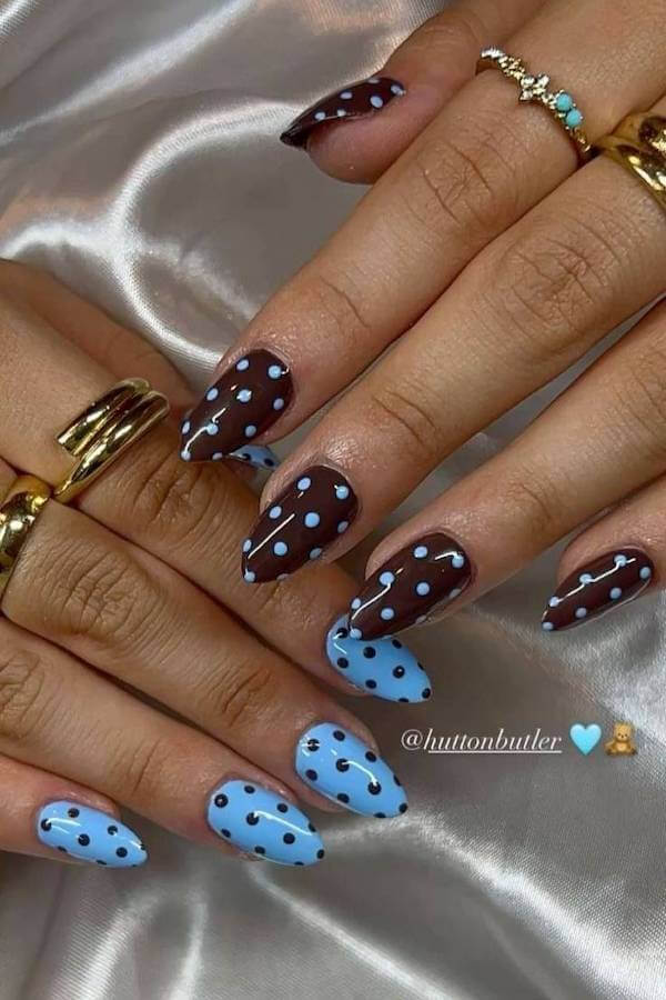 Chocolate Brown and Blue Polka Dot Nails